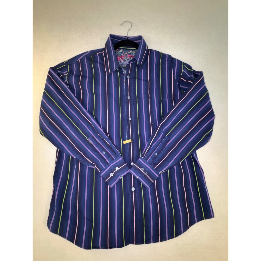 Bugatchi Uomo Mens Large Navy Blue Purple Green Striped Floral Trim Button Shirt